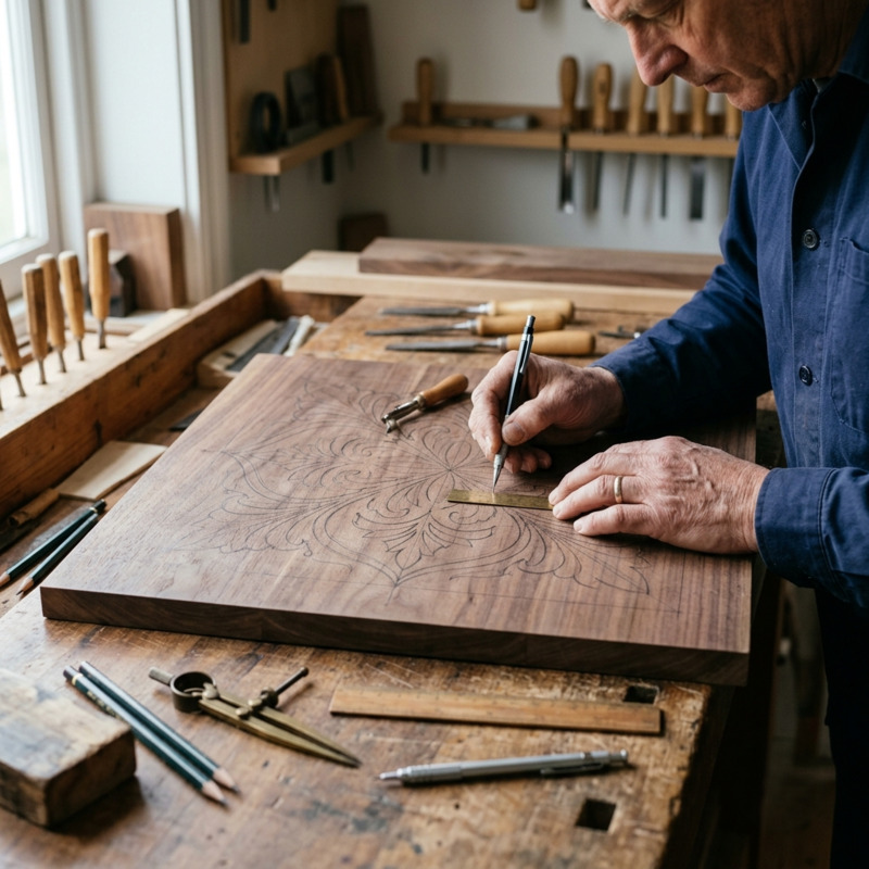 Artisan marking a decorative pattern on dark wood before metal inlay