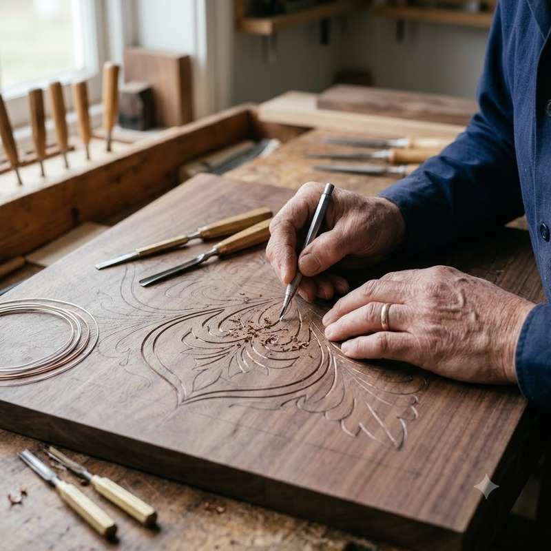 Artisan cutting narrow grooves into wood along a decorative inlay pattern