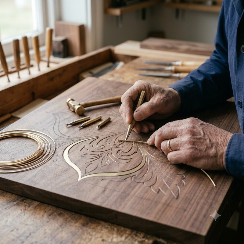Thin brass strips being fitted into carved grooves in a wooden surface