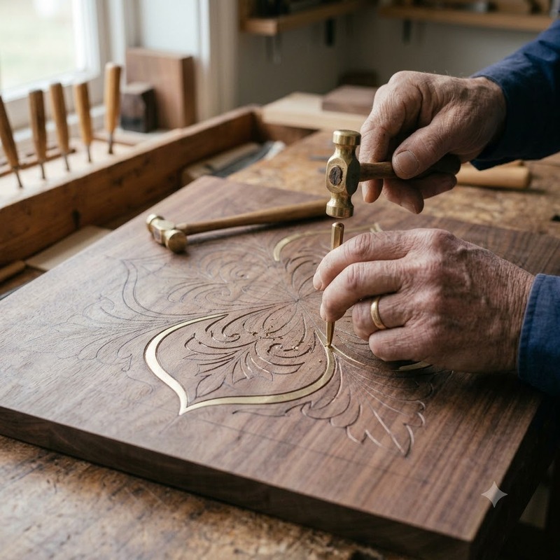Artisan securing metal strips within a decorative pattern carved into wood