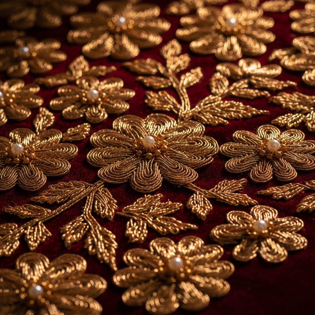 Close-up-of-metallic-dabka-embroidery-on-velvet