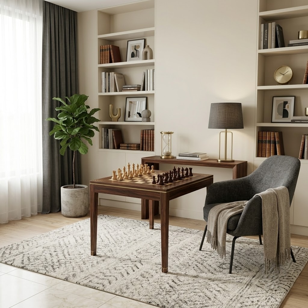 contemporary-library-with-metal-inlaid-chess-set