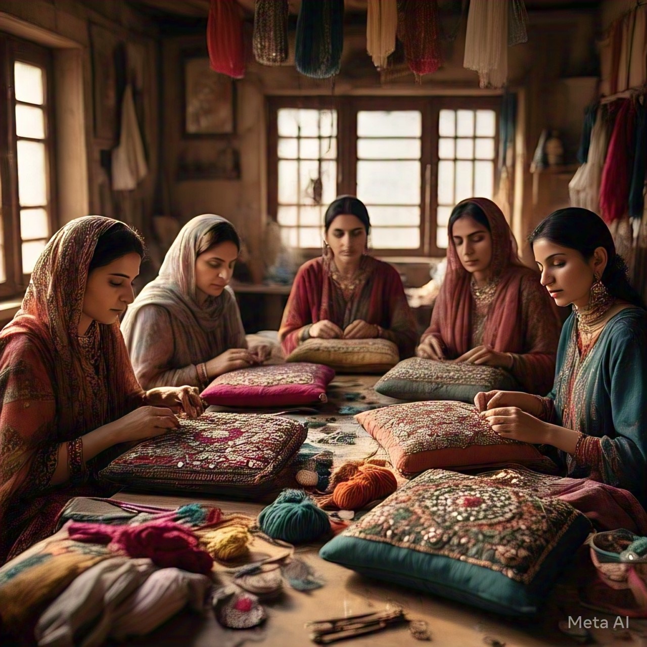 Women of Rural Pakistan-Sindh-Economic activities women-of-rural-pakistan-sindh-embroidered-cushion-covers-making-2