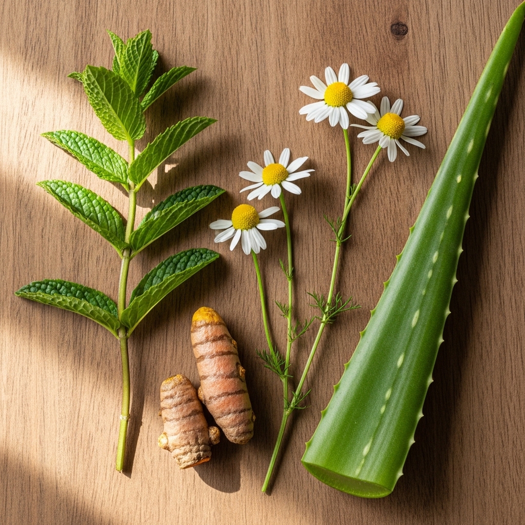 Fresh medicinal plants for health including mint, chamomile, turmeric and aloe vera on wooden surface